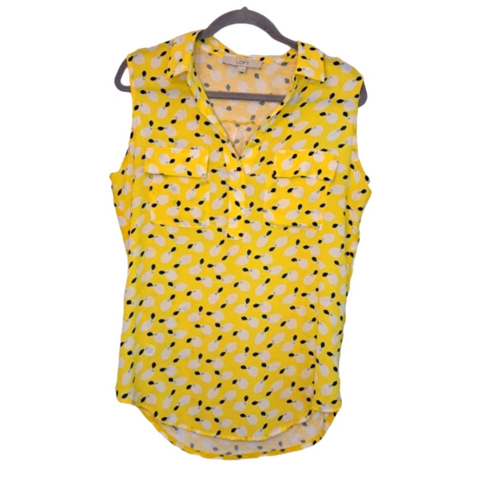 Loft Yellow Lemon Print Collared Split Neck Sleev… - image 1